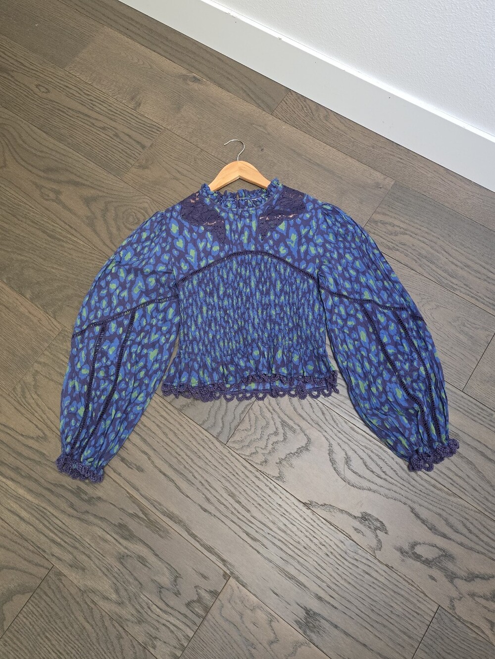 FARM Rio Blue and Green Smocked Peplum Blouse - Picture 12 of 15